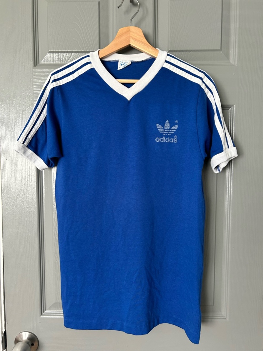 vintage adidas Blue V-Neck Trefoil Stripe Short Sleeve Tee